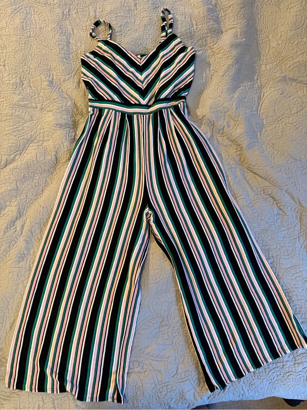 Eyeshadow Striped Wide-Leg Jumpsuit in Black, Green & Pink